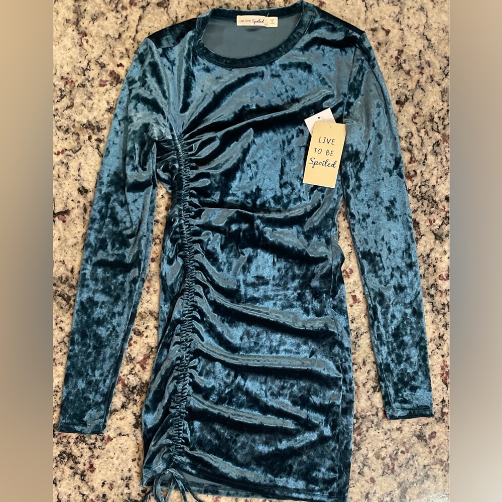 Live To Be Spoiled Long Sleeve Mini Dress. Women’s XS. Teal Blue. Bodycon.